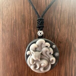 Tai Chi Stone Nine Tail Fox Pendant on Black Adjustable Rope